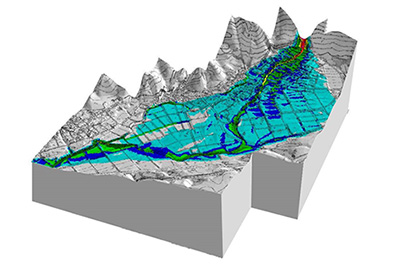 土石流計算結果の三次元可視化の例